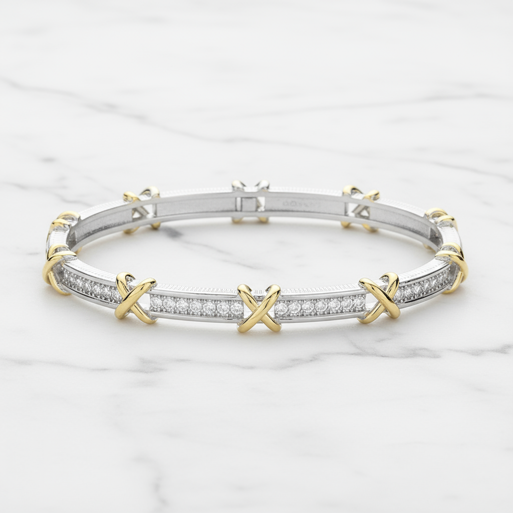 Pavé Crisscross Hinged Bangle Two-Tone X-Design CZ Bracelet