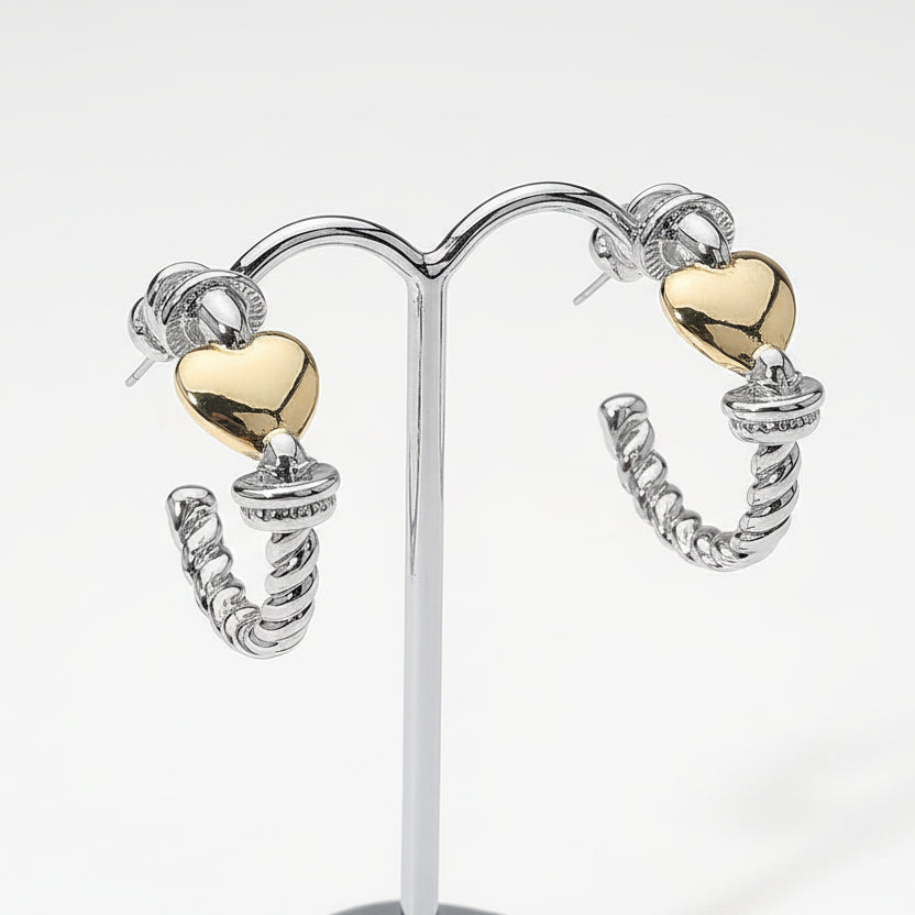 Amoura Rope Heart Hoop Earrings | Two Tone 14K Gold Plated