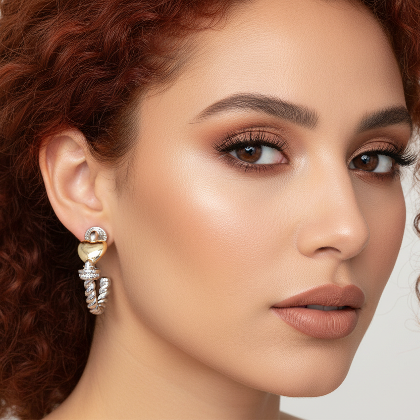 Amoura Rope Heart Hoop Earrings | Two Tone 14K Gold Plated