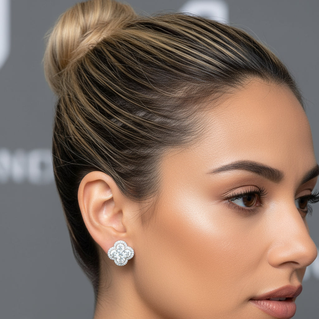Clear Clover Pavé Stud Earrings | Diamond Look CZ Studs