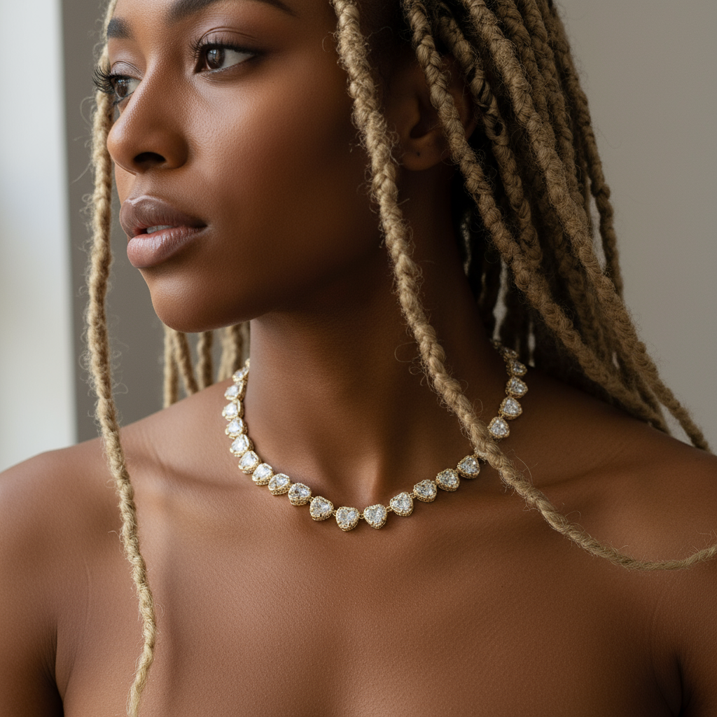 Classic Pavé Heart Tennis Choker 14K Gold Plated Clear CZ Link Necklace