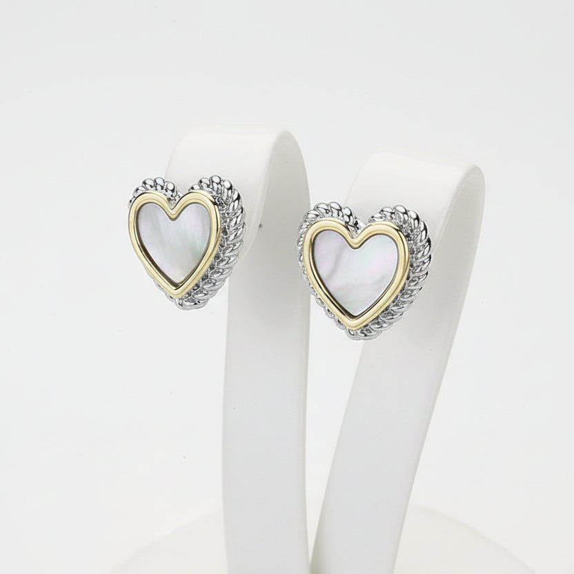 Ivory Aura Heart Stud Earrings | Two Tone Mother of Pearl