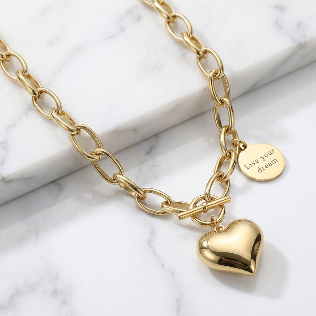 Live Your Dream Heart Toggle Necklace 14K Gold Plated