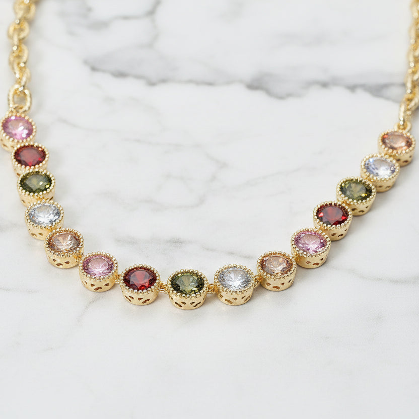Bella Colorful Round CZ Cluster Link Necklace 14K Gold Plated