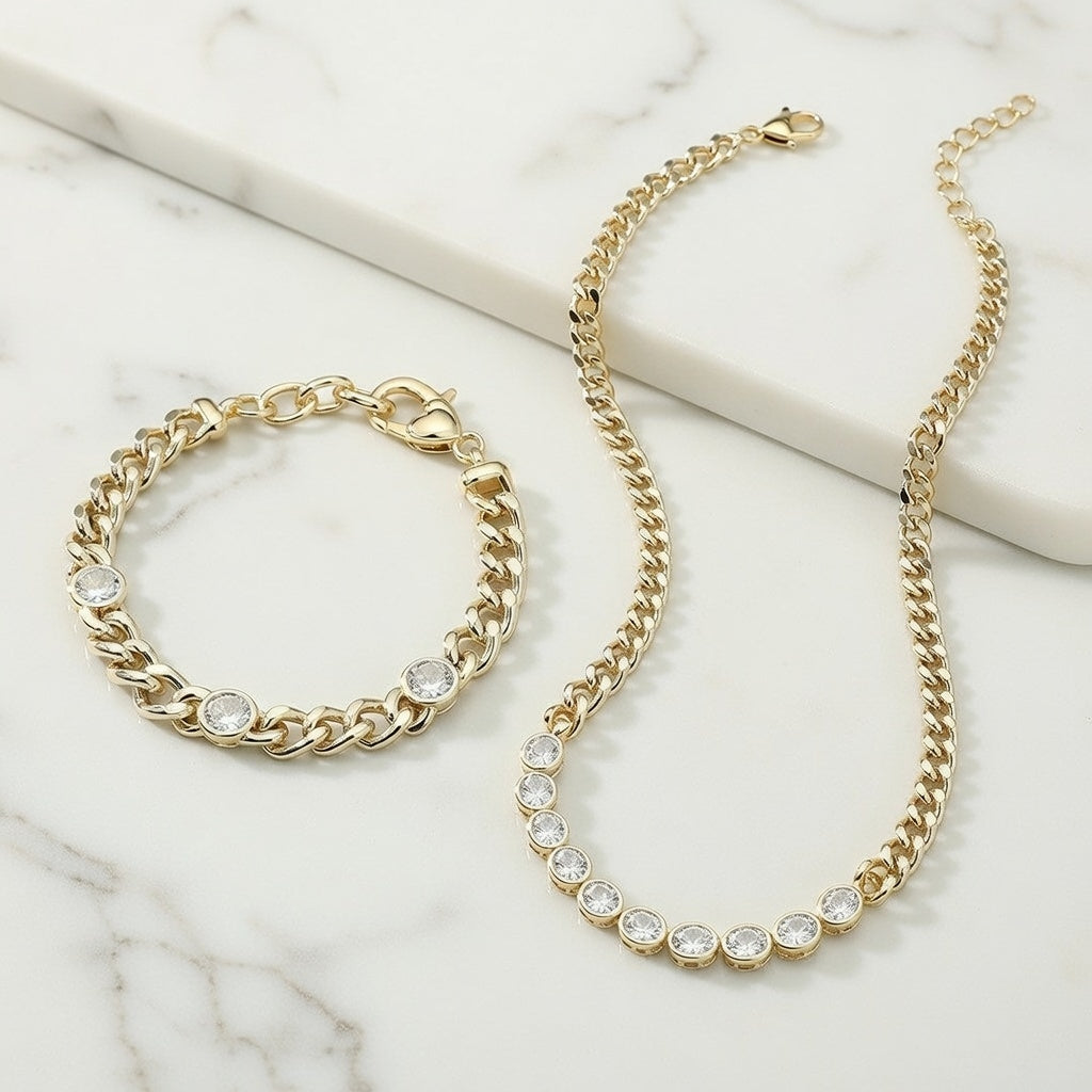 Monarch Bezel Chain Set | Gold CZ Necklace & Bracelet
