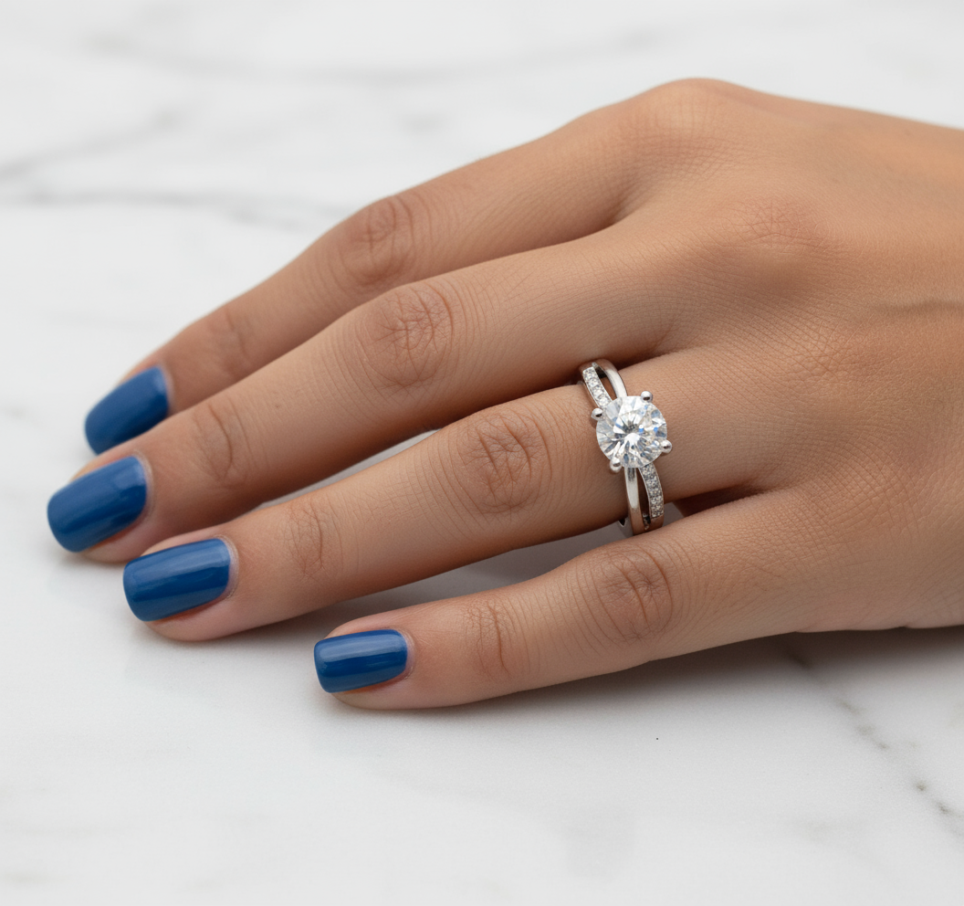 Rhodium Plated Adjustable CZ Solitaire Ring | Crisscross Pave Band