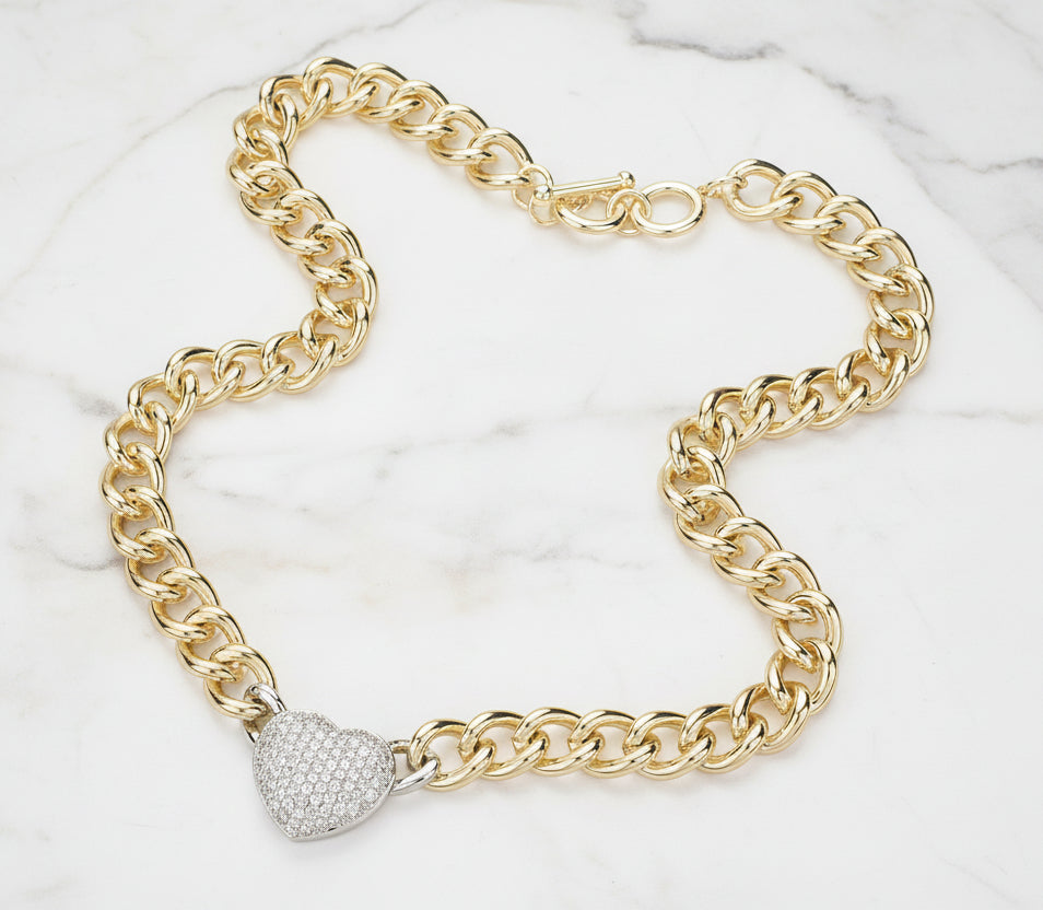 Golden Affection CZ Paved Heart Toggle Necklace
