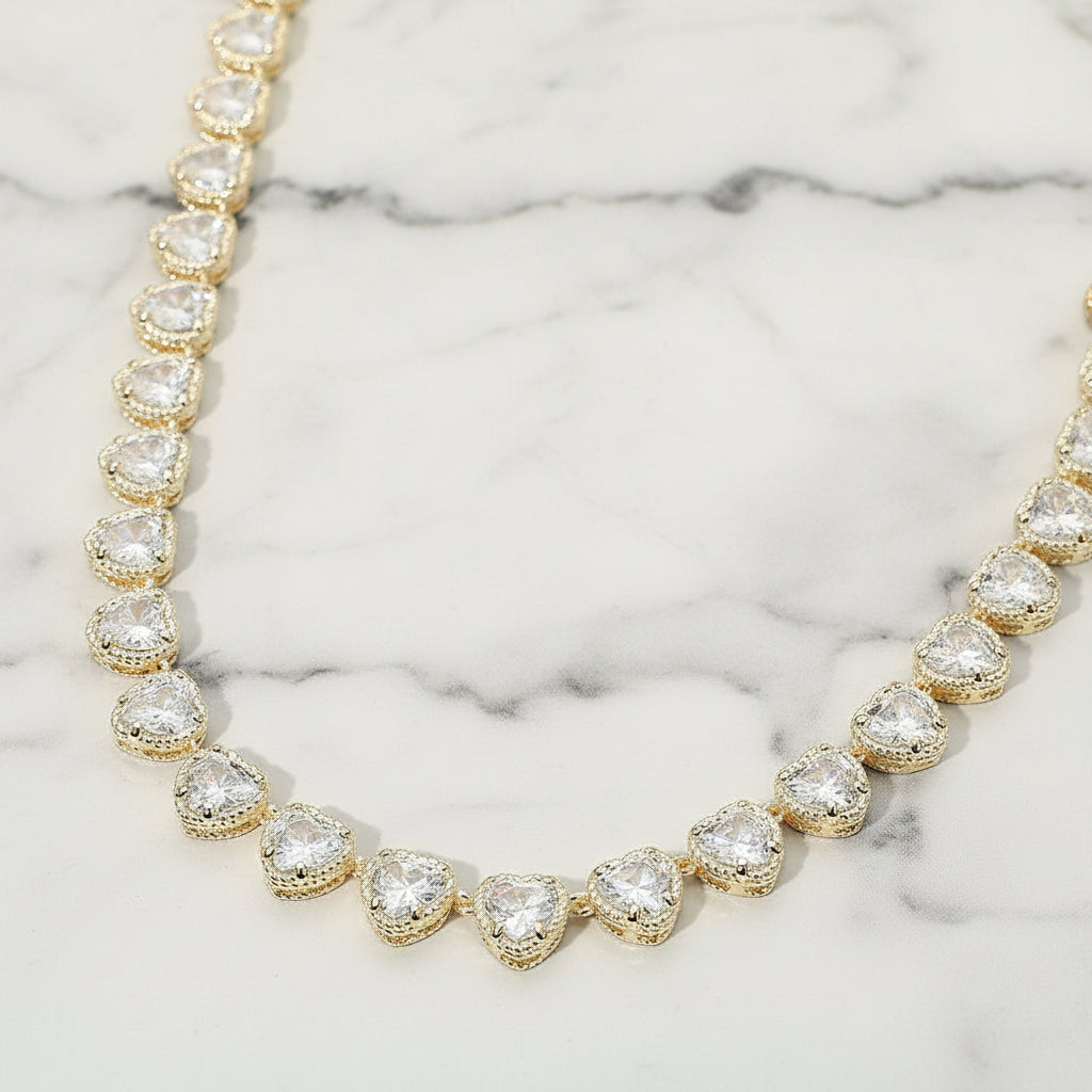 Classic Pavé Heart Tennis Choker 14K Gold Plated Clear CZ Link Necklace