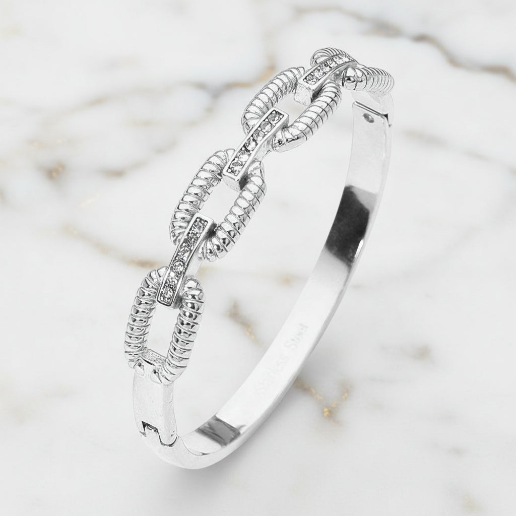 Luxe Link CZ Bar Hinged Bangle Bracelet Stainless Steel
