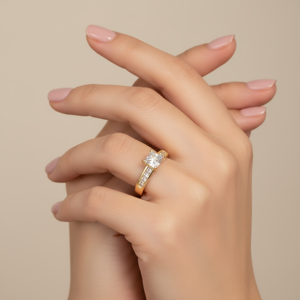 18K Gold-Filled Bridal Style Ring Set | Princess Cut CZ & Channel Band Duo