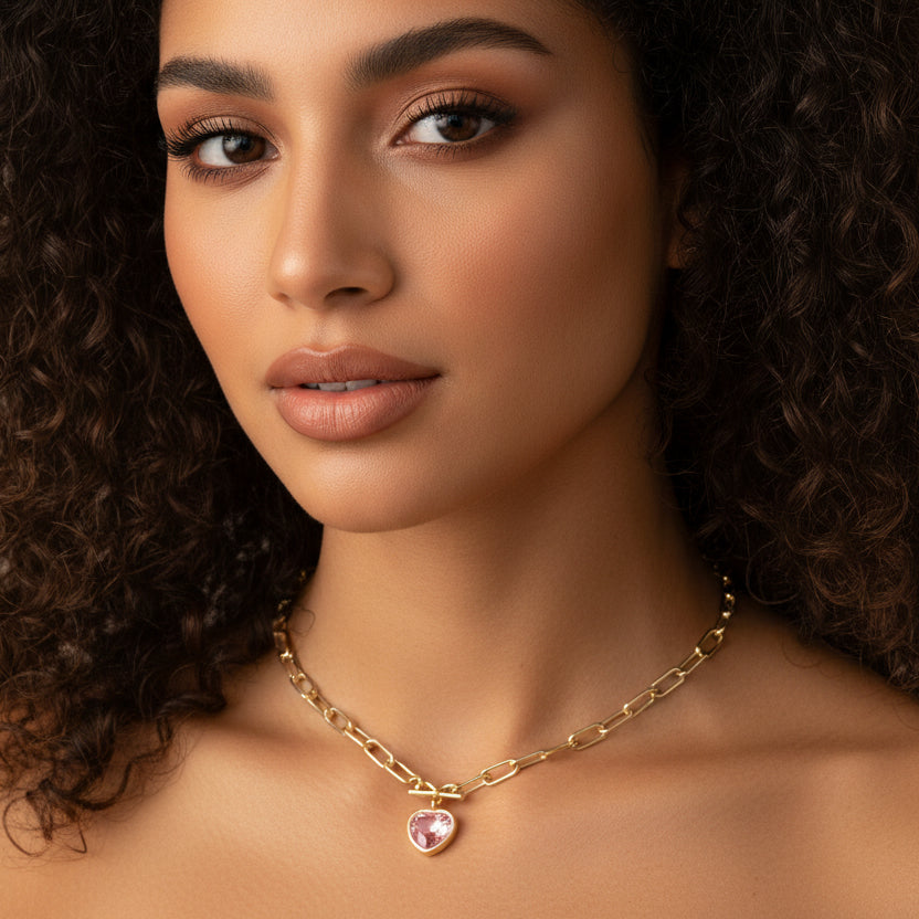 Rosé Charm Bow Heart Necklace | Gold Pink CZ Pendant