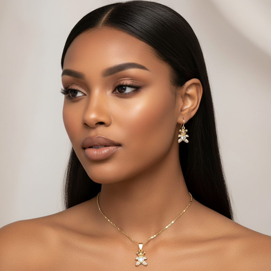 18K Gold-Filled Teddy Bear Charm Set | Pavé CZ Heart Necklace & Earrings