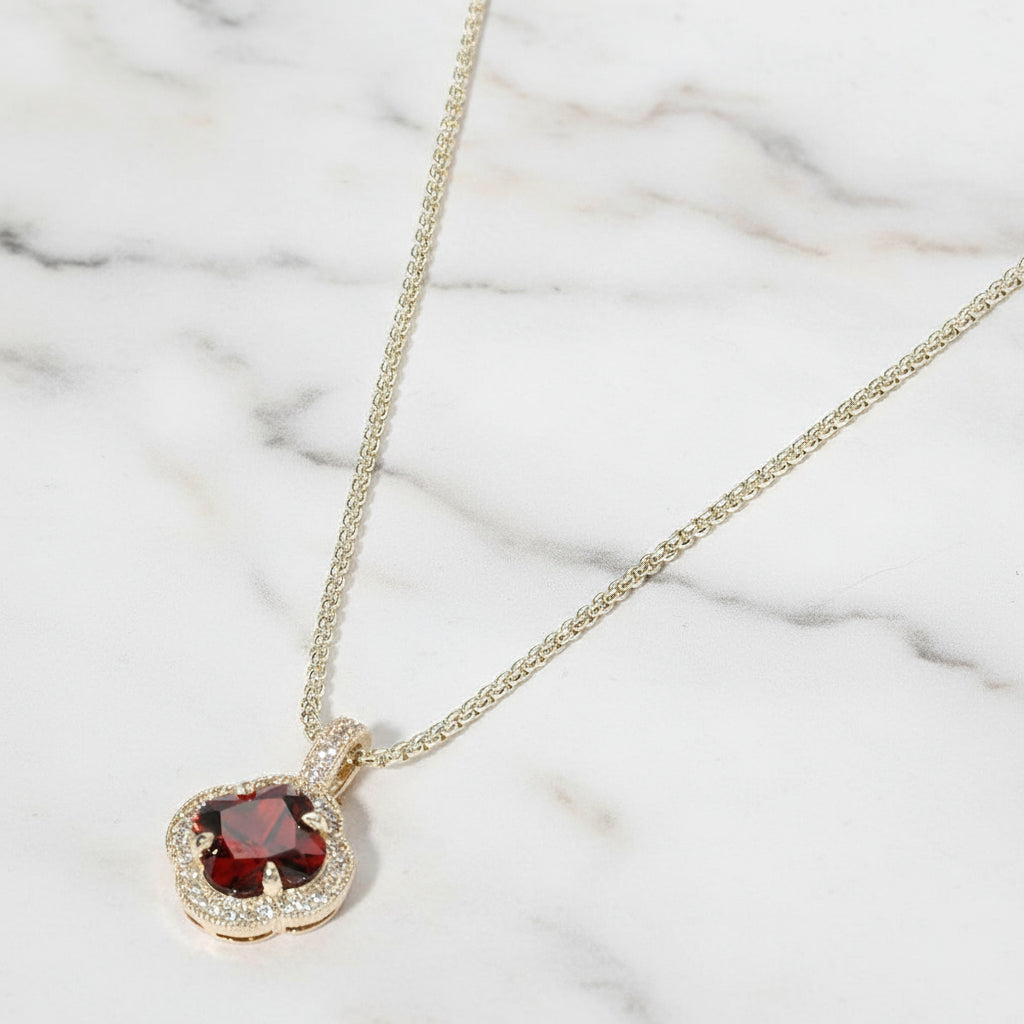 Garnet Clover Pavé Necklace 14K Gold Plated Quatrefoil CZ Pendant
