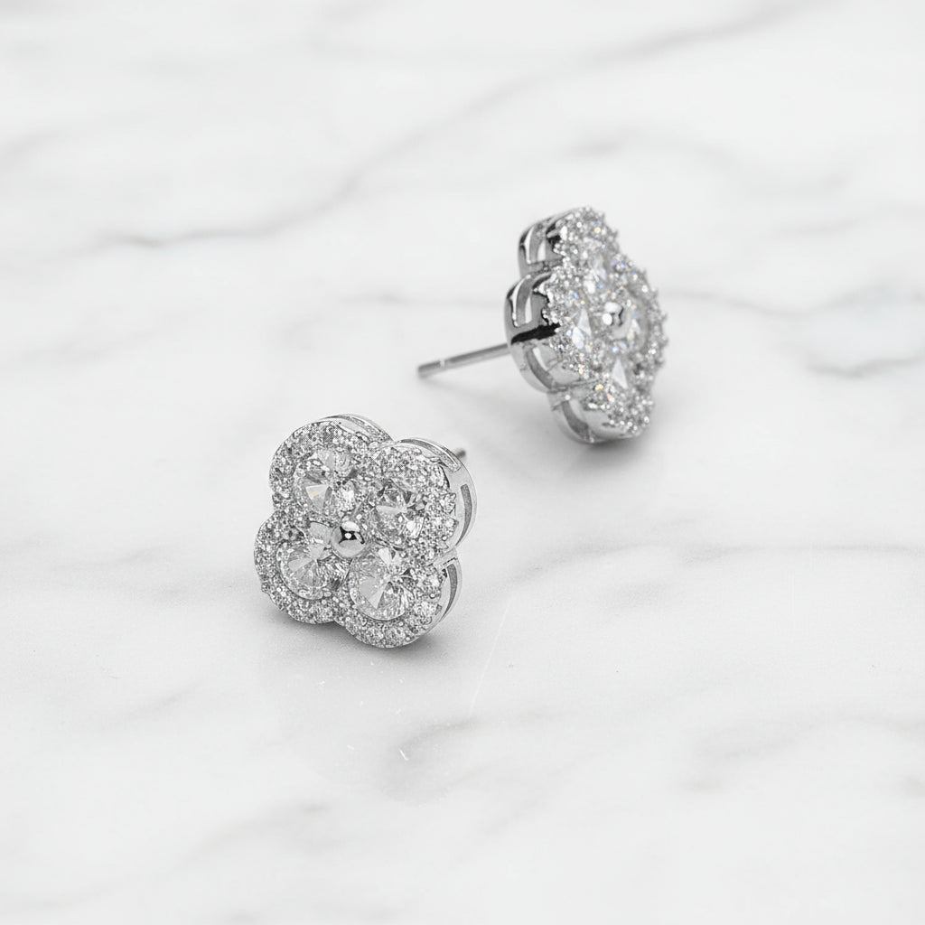 Clear Clover Pavé Stud Earrings | Diamond Look CZ Studs