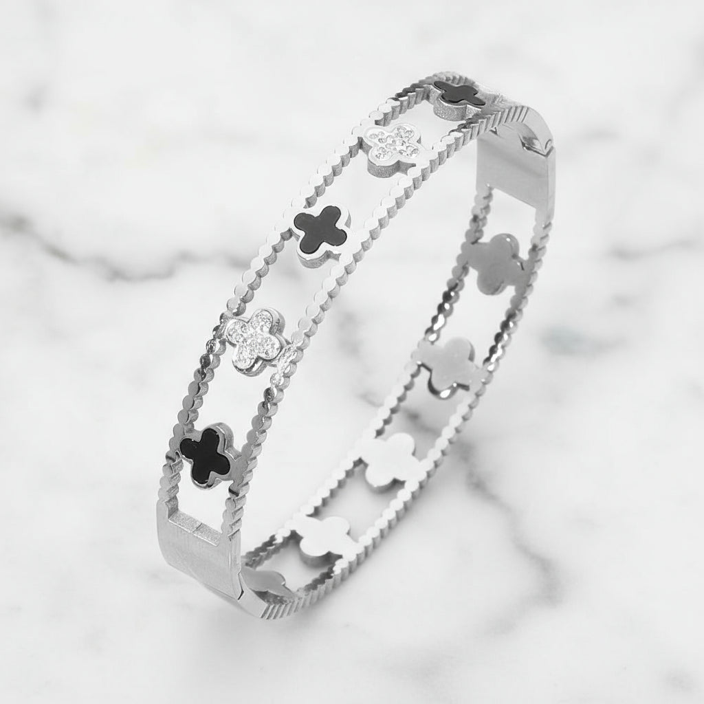 Lucky Bloom Stainless Steel Hinged Bangle Bracelet