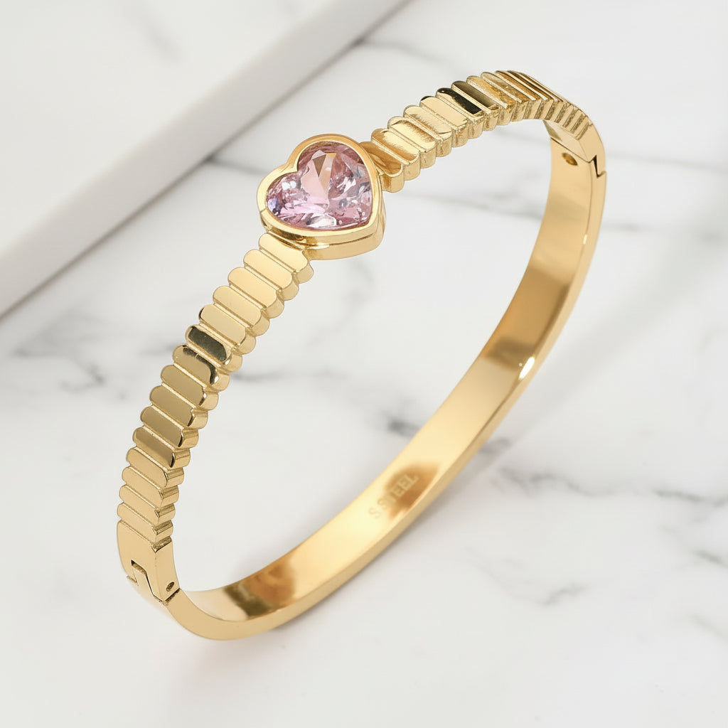 Avana Stone Heart Hinged Bangle Stainless Steel
