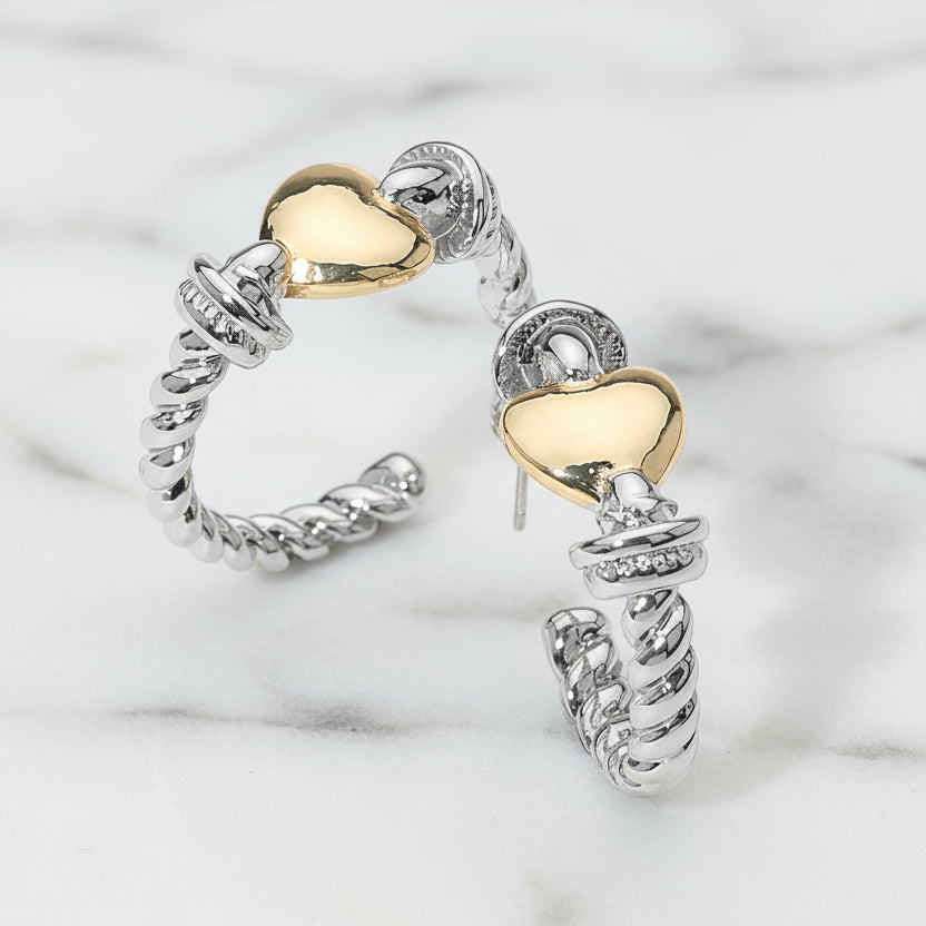 Amoura Rope Heart Hoop Earrings | Two Tone 14K Gold Plated