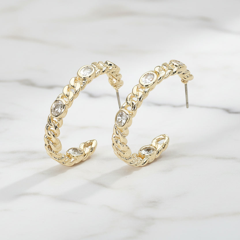 Valora Chain Hoop Earrings 14K Gold Plated CZ Accent Hoops