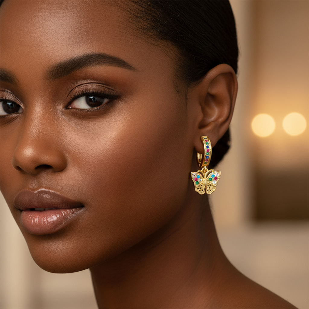 18K Gold-Filled Multi-Color CZ Butterfly Drop Earrings | Water Resistant