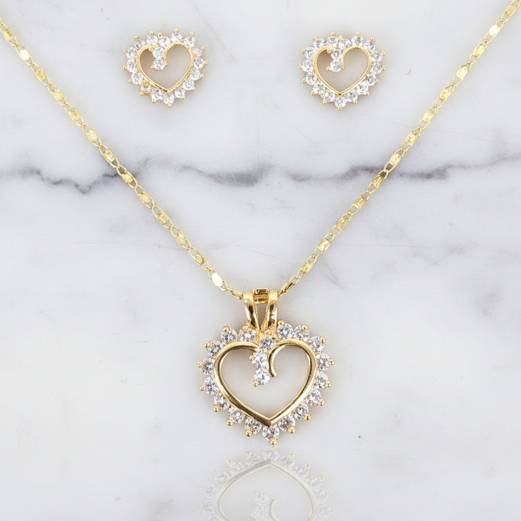 18K Gold-Filled Puffy Pavé Heart Set | Dazzling Domed CZ Necklace & Earrings