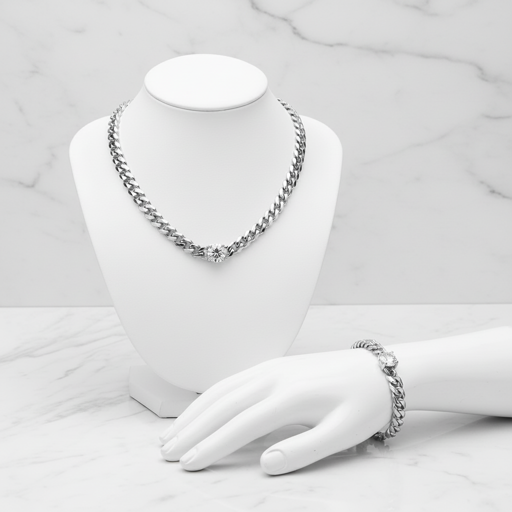 Rhodium Round CZ Chain Link Necklace & Bracelet Set Stainless Steel