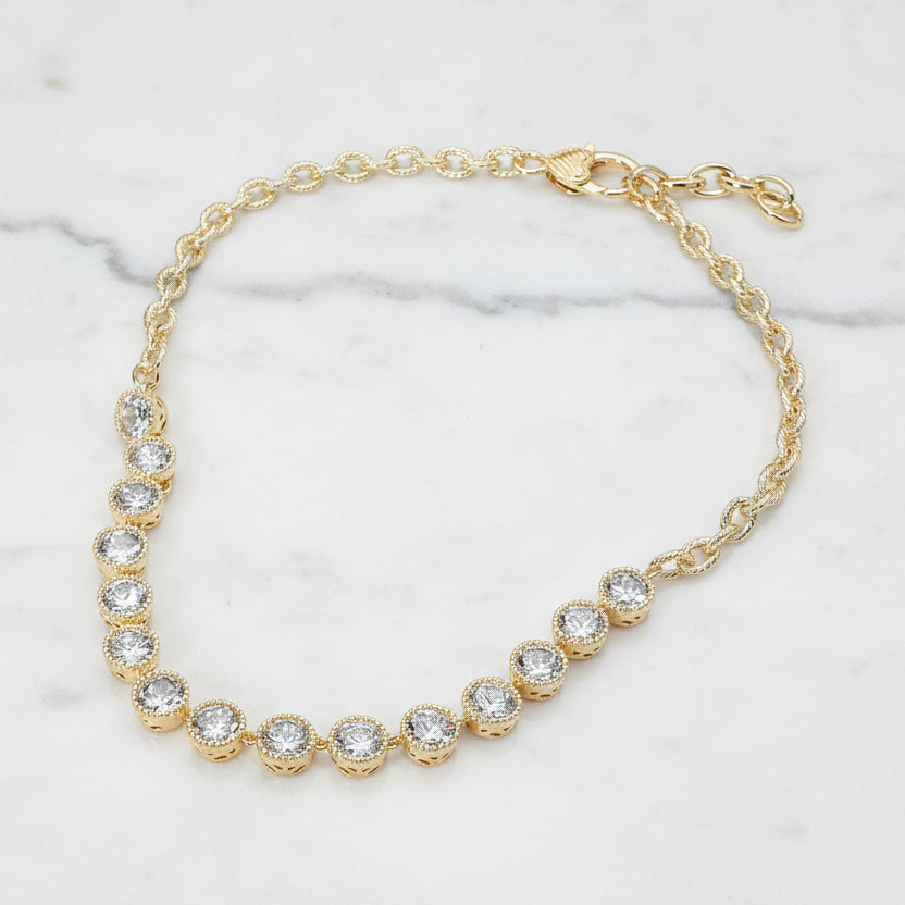 Bella Colorful Round CZ Cluster Link Necklace 14K Gold Plated