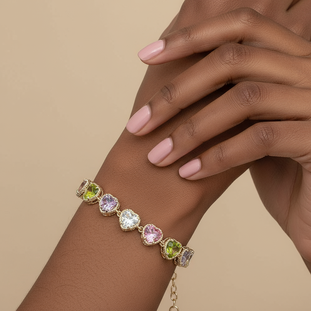 Multicolor Pavé Heart Toggle Bracelet 14K Gold Plated CZ Link