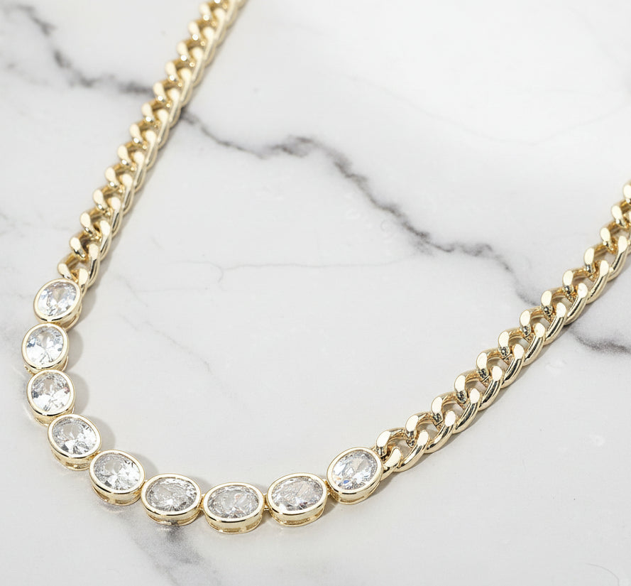 Monarch Bezel Curb Chain Necklace 14K Gold Plated CZ Link