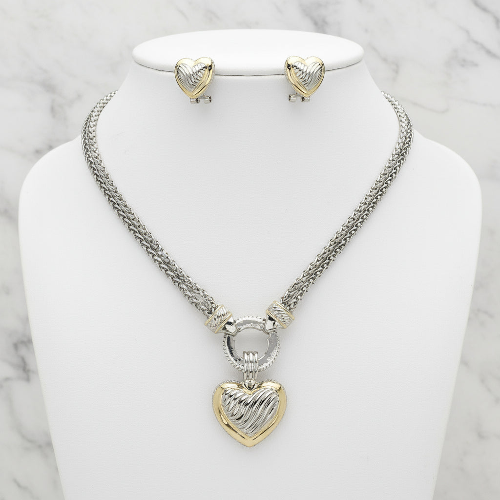 The Interlocking Two-Tone Heart Duo Woven Chain Necklace & Earring Set