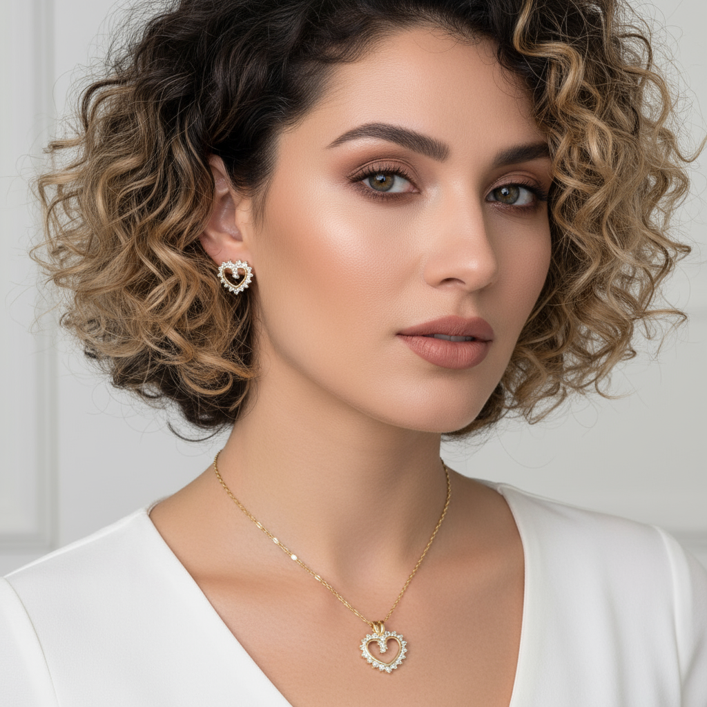 18K Gold-Filled Puffy Pavé Heart Set | Dazzling Domed CZ Necklace & Earrings