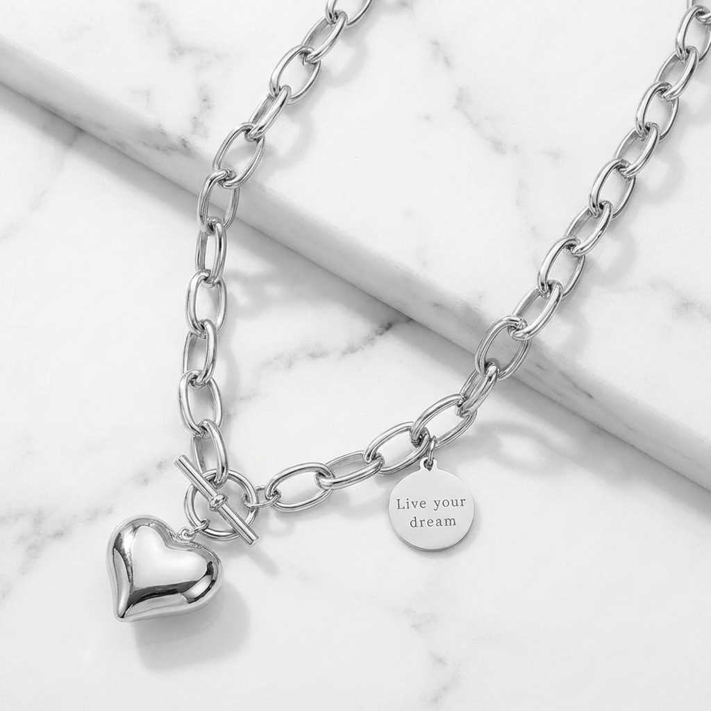 Live Your Dream Heart Toggle Necklace 14K Gold Plated