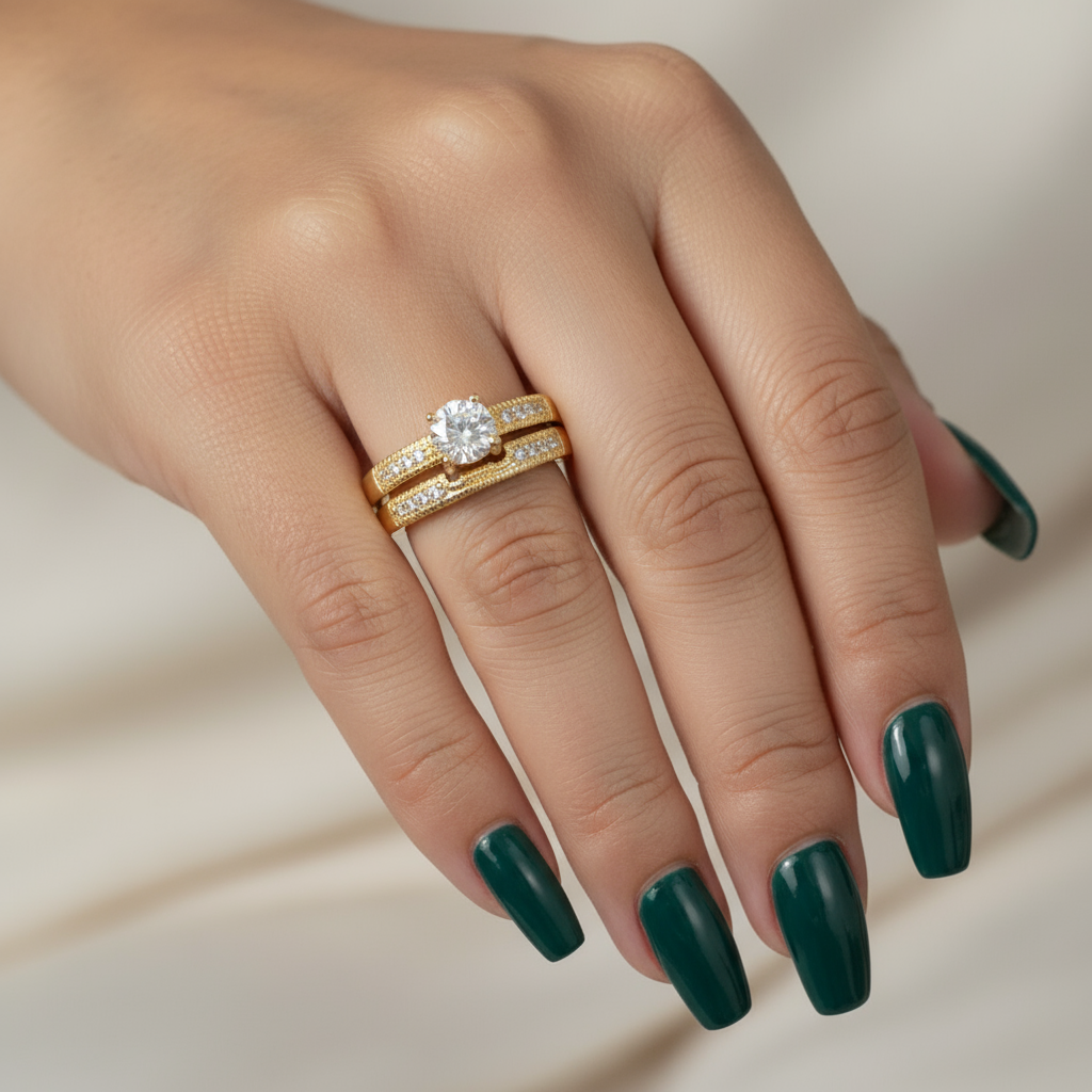 18K Gold-Filled CZ Engagement & Wedding Ring Set | Water Resistant