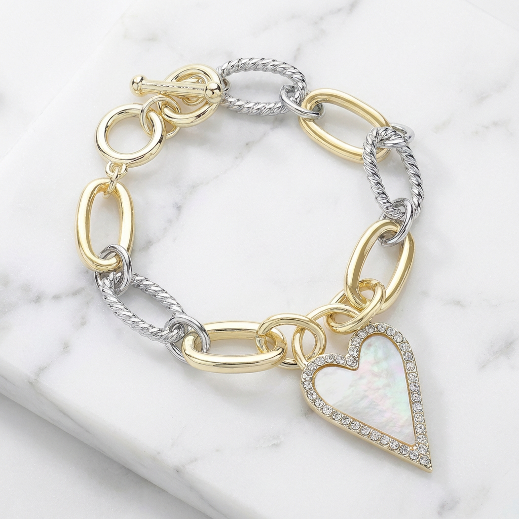 Luminance Heart Charm Bracelet Mother of Pearl Two-Tone 14K Gold Plated