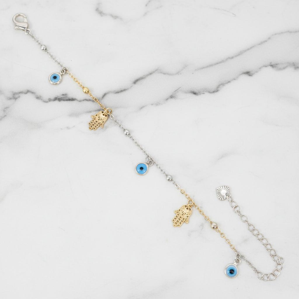 18K Gold-Filled Evil Eye & Hamsa Charm Bracelet | Water Resistant
