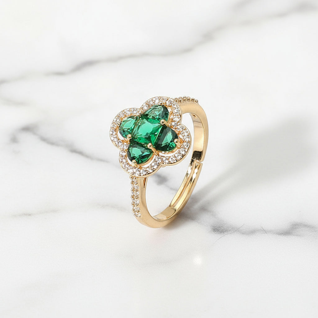 Emerald Clover CZ Pavé Adjustable Ring Gold Dipped
