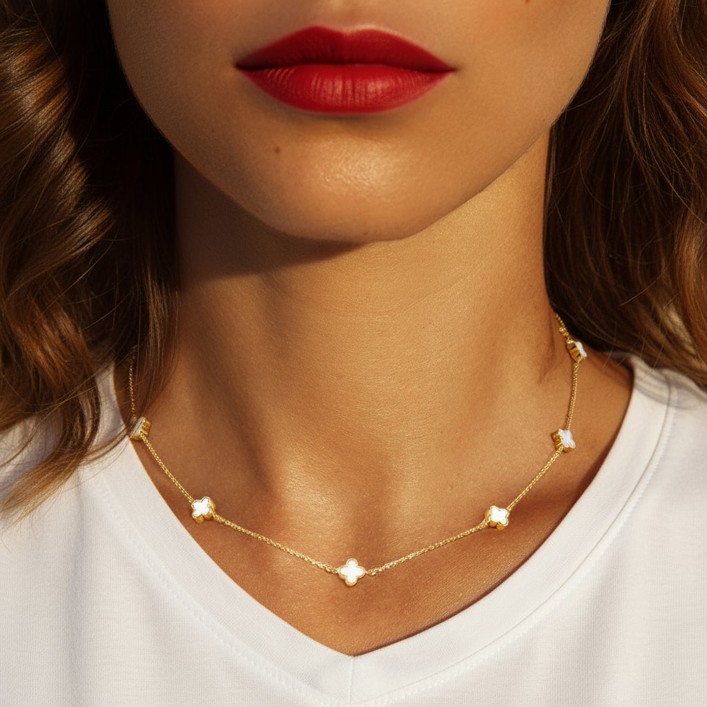 Reversible Clover Station Necklace Gold Dipped Quatrefoil Charms