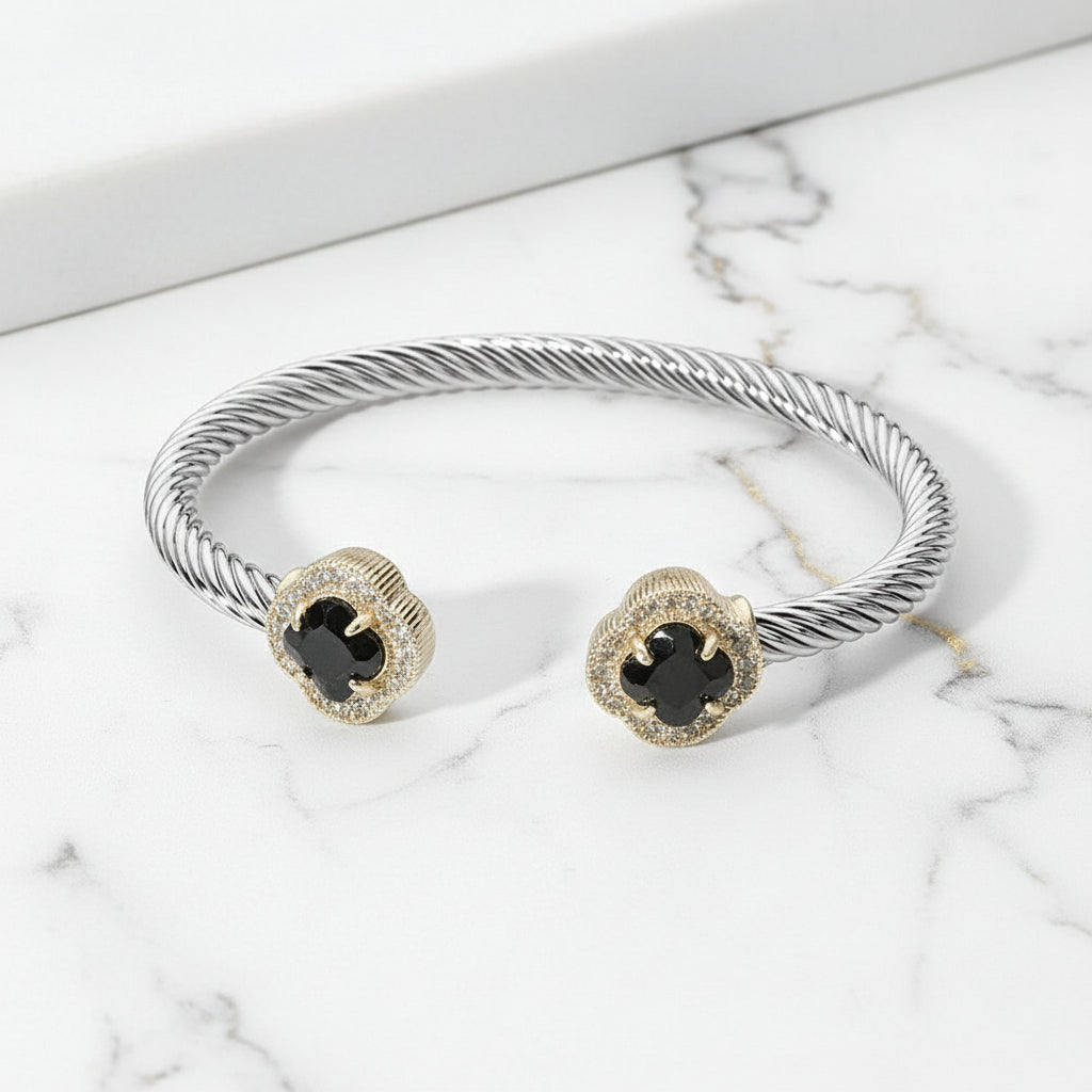 Luxe Quatrefoil Twisted Cable Cuff Two-Tone Stone Tip Bangle