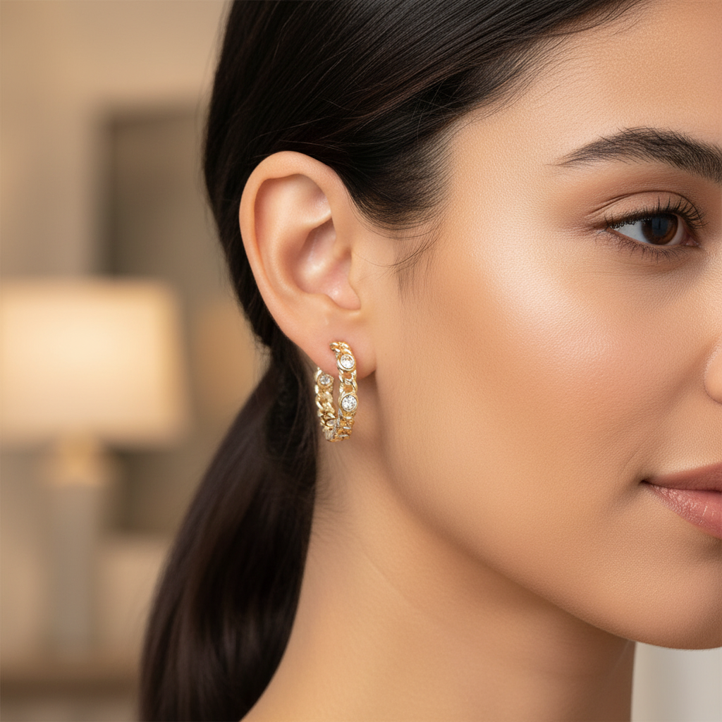 Valora Chain Hoop Earrings 14K Gold Plated CZ Accent Hoops