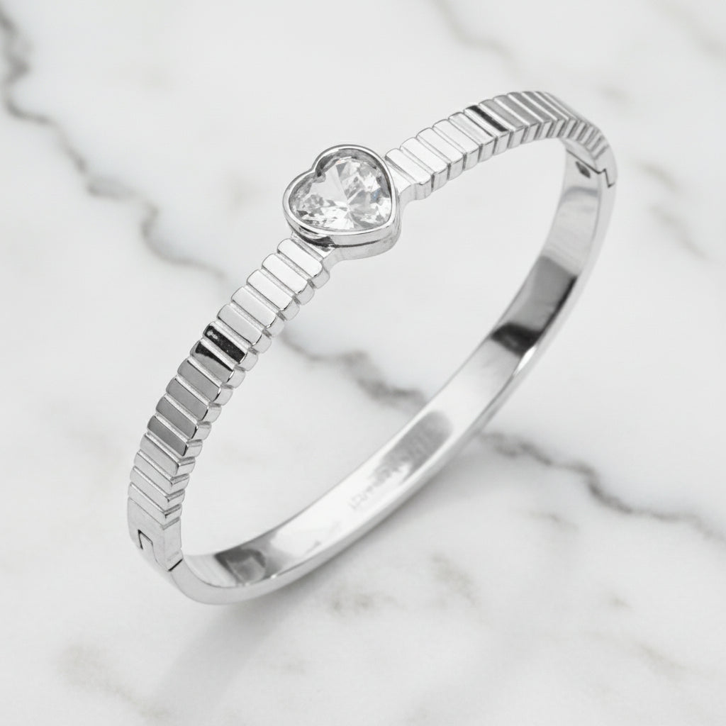 Avana Stone Heart Hinged Bangle Stainless Steel