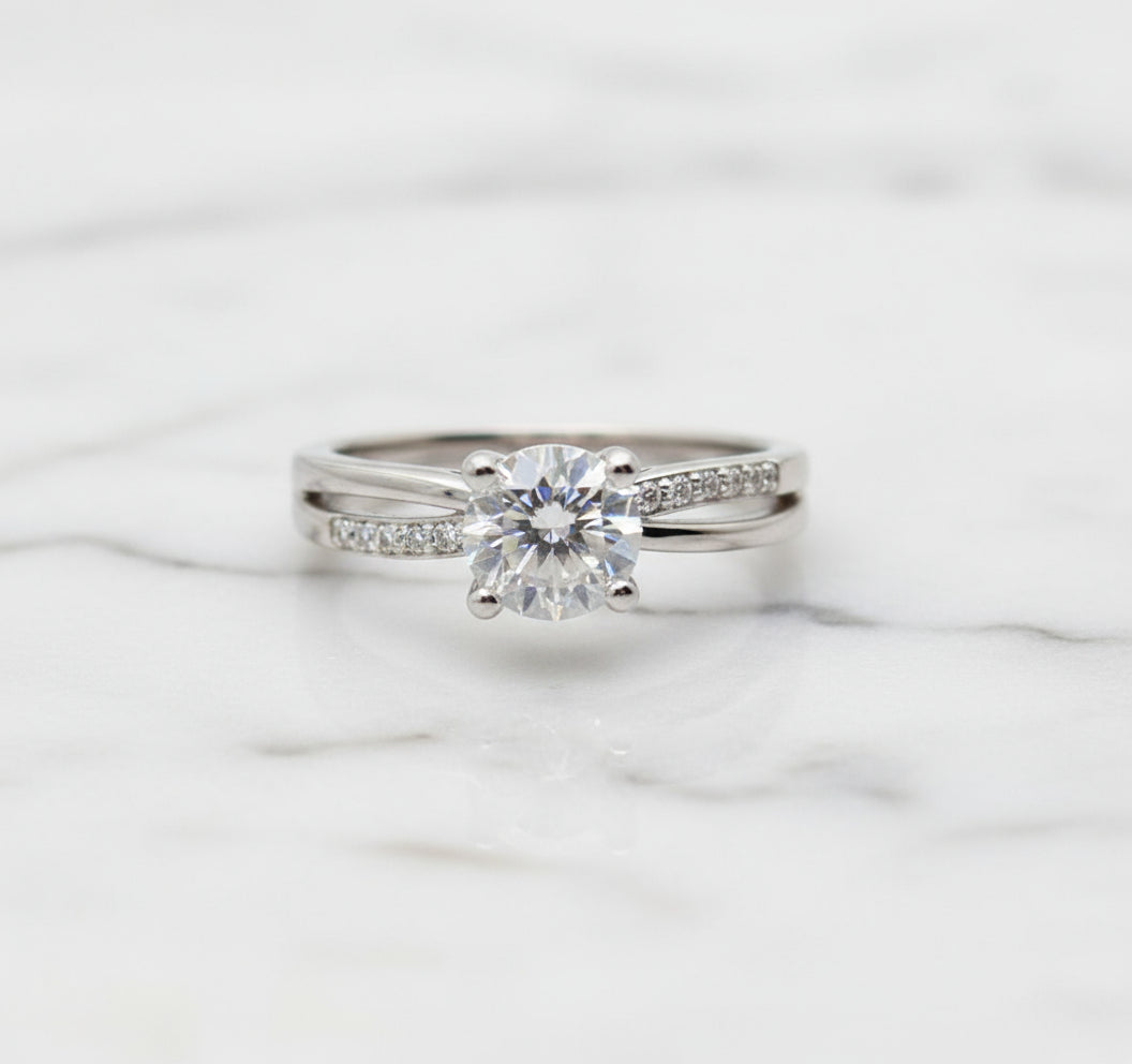 Rhodium Plated Adjustable CZ Solitaire Ring | Crisscross Pave Band