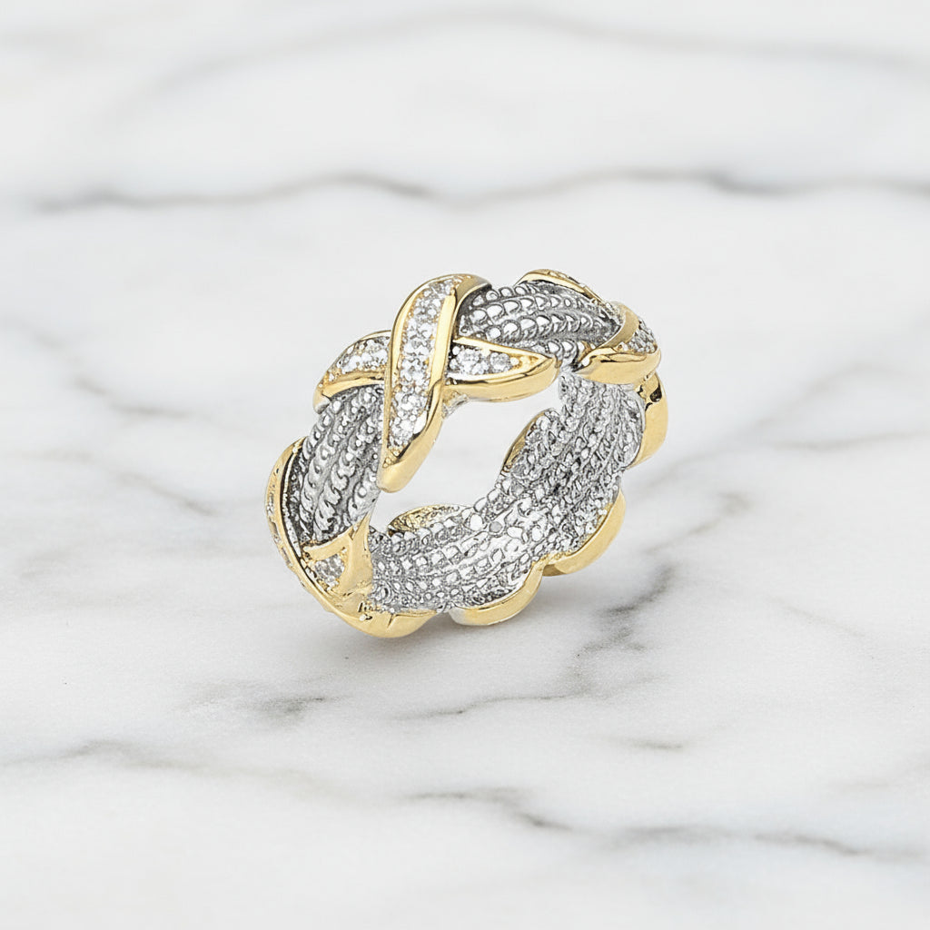 Two-Tone Crisscross Cable Ring Luxe Pavé X-Design Statement Ring