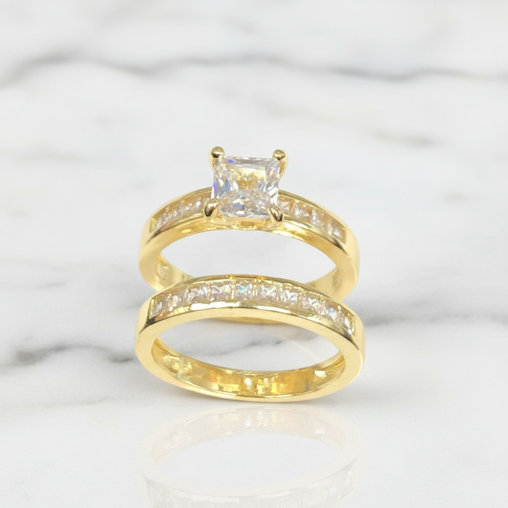 18K Gold-Filled Bridal Style Ring Set | Princess Cut CZ & Channel Band Duo