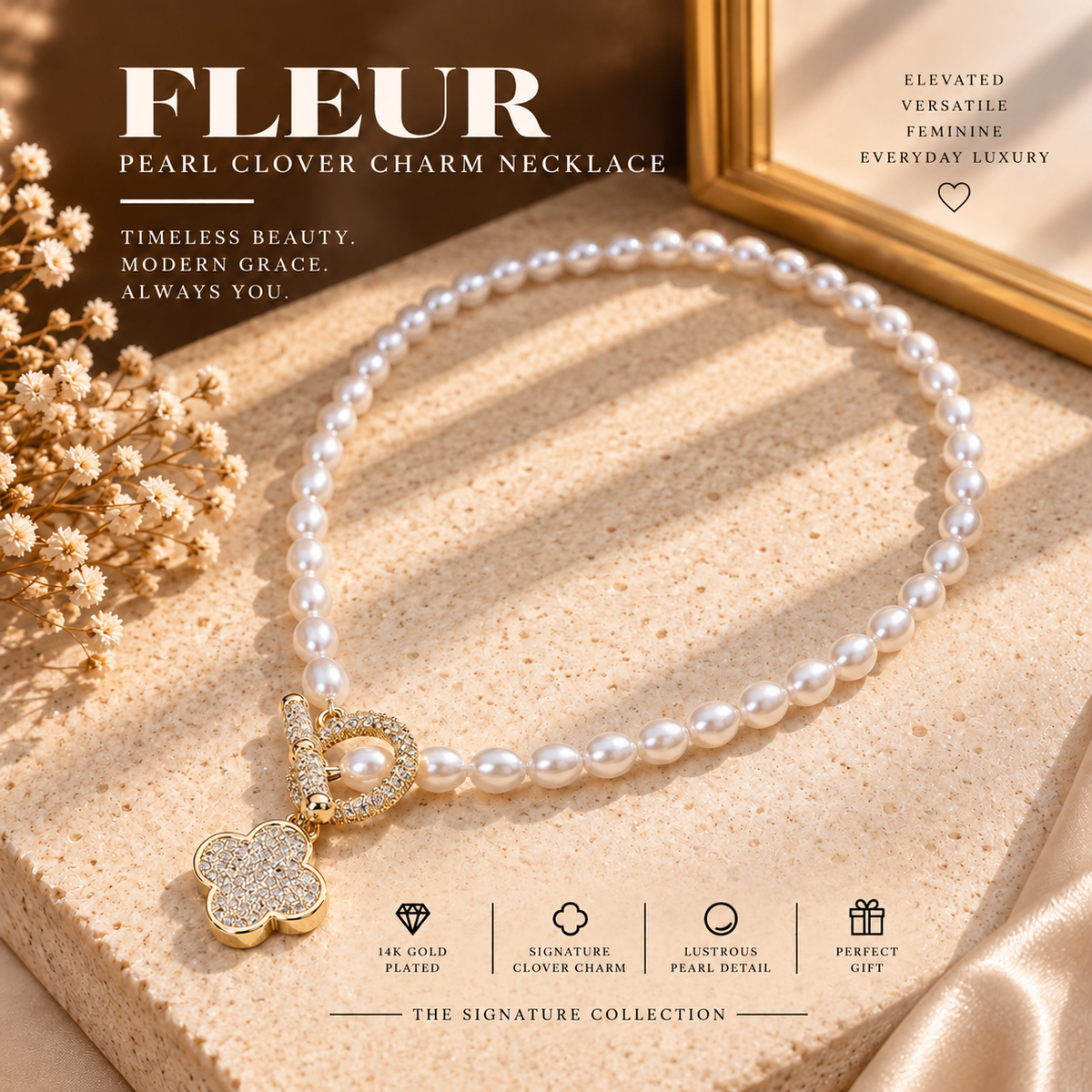 Fleur Pearl Clover Charm Necklace