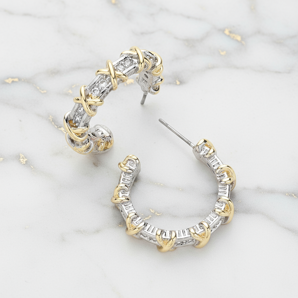 Two-Tone Crisscross Pavé Hoop Earrings | 14K Gold Plated CZ