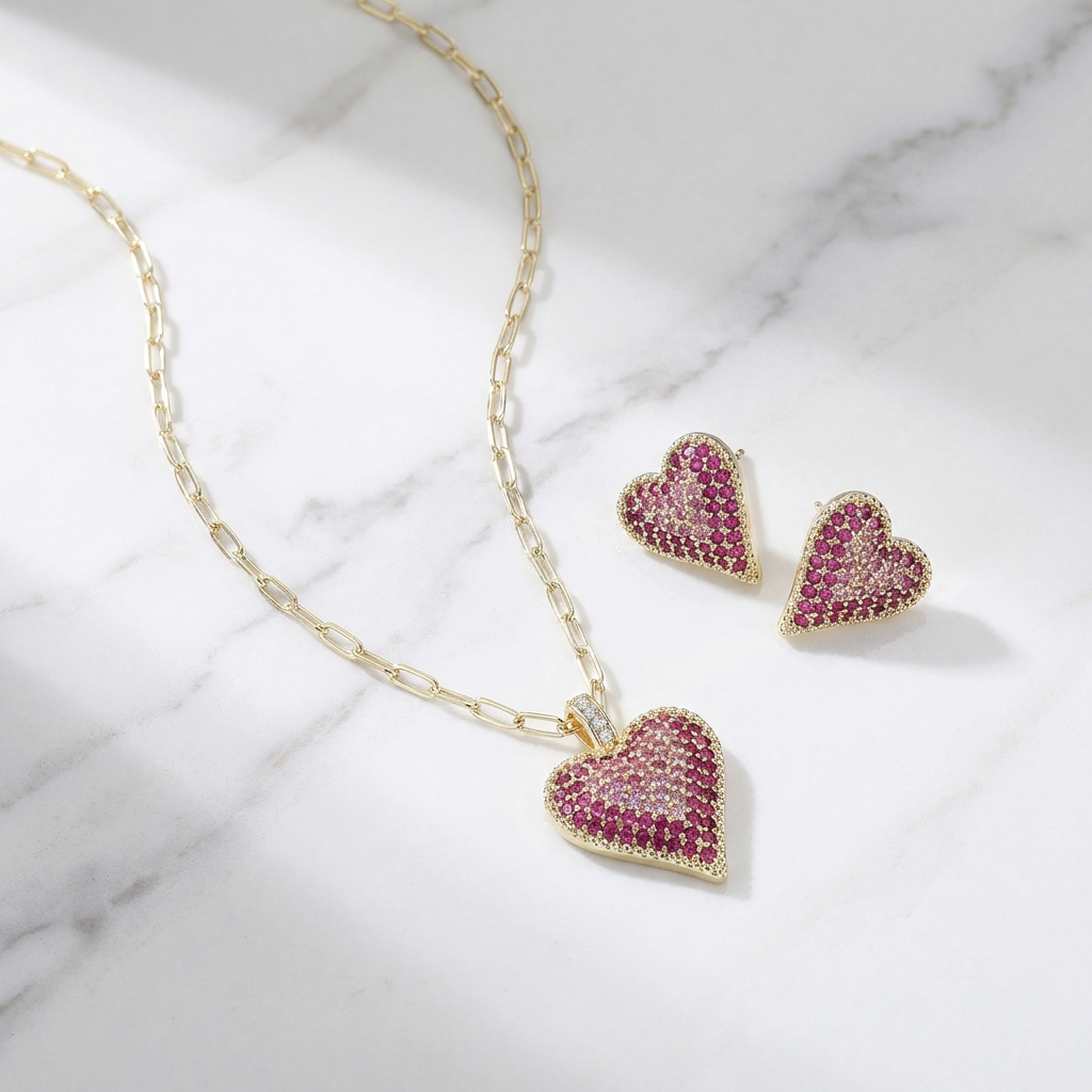 Blush Radiance Heart Jewelry Set | Pink CZ Necklace & Studs