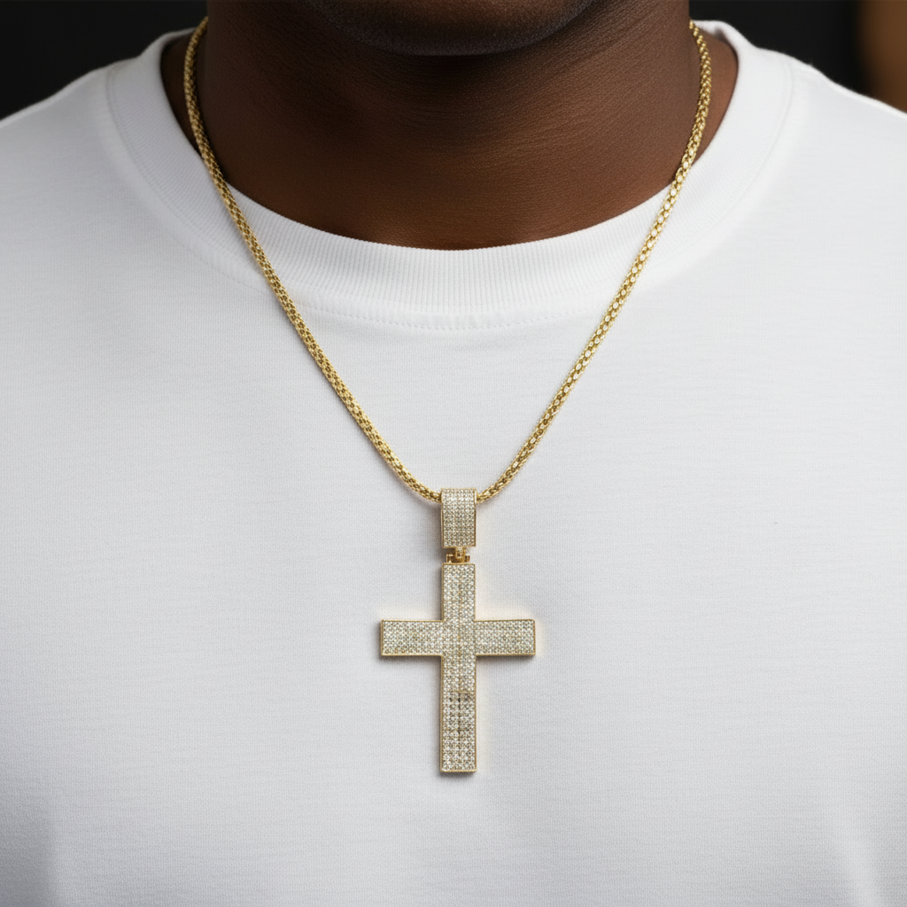 18K Gold-Filled Iced Out CZ Cross Pendant | Water Resistant