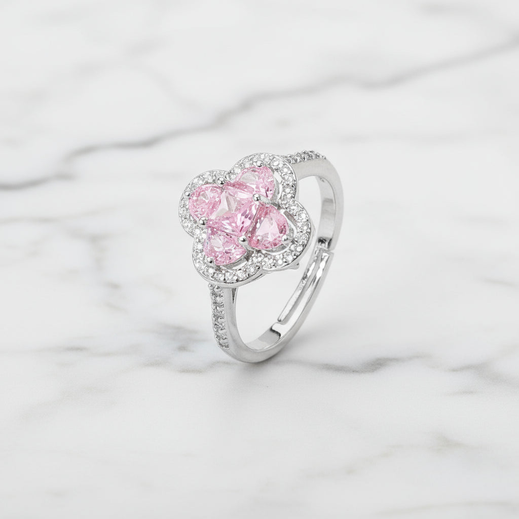 Pink Aura Clover Pavé Adjustable Ring | Gold Dipped CZ Statement Ring