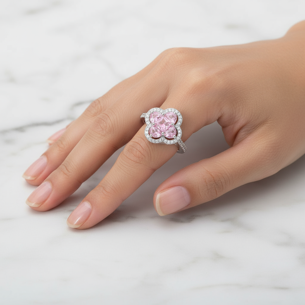 Pink Aura Clover Pavé Adjustable Ring | Gold Dipped CZ Statement Ring