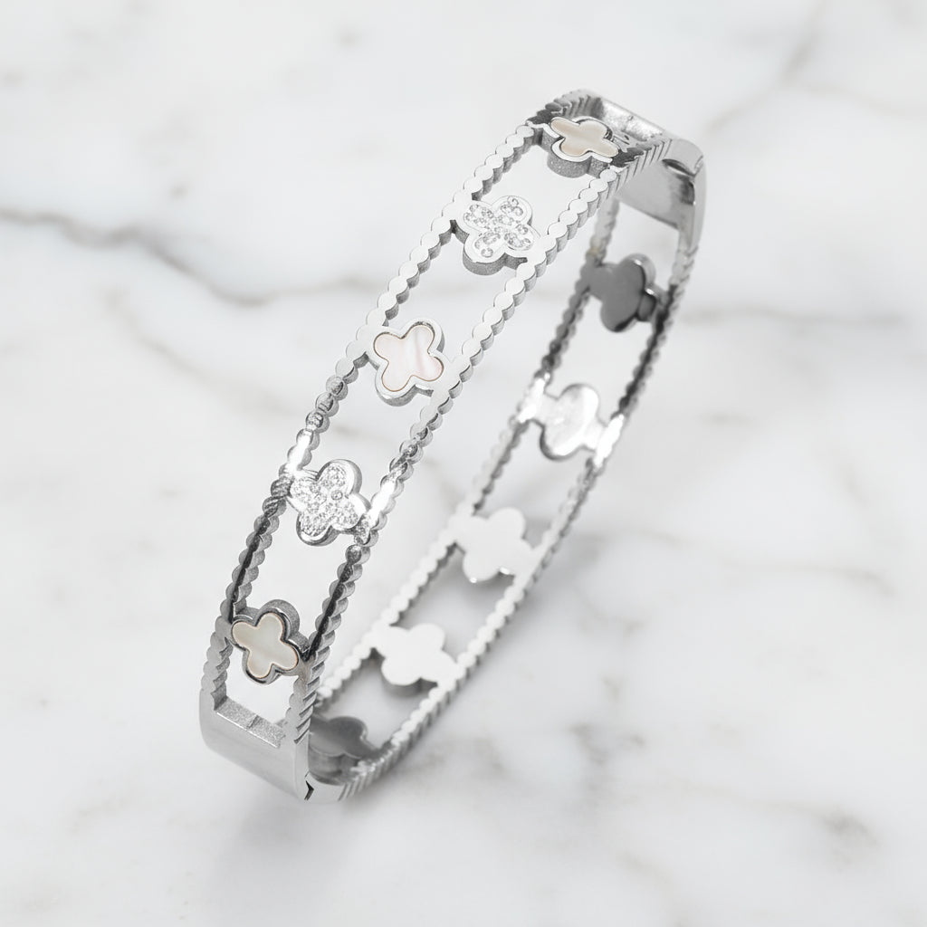 Lucky Bloom Stainless Steel Hinged Bangle Bracelet
