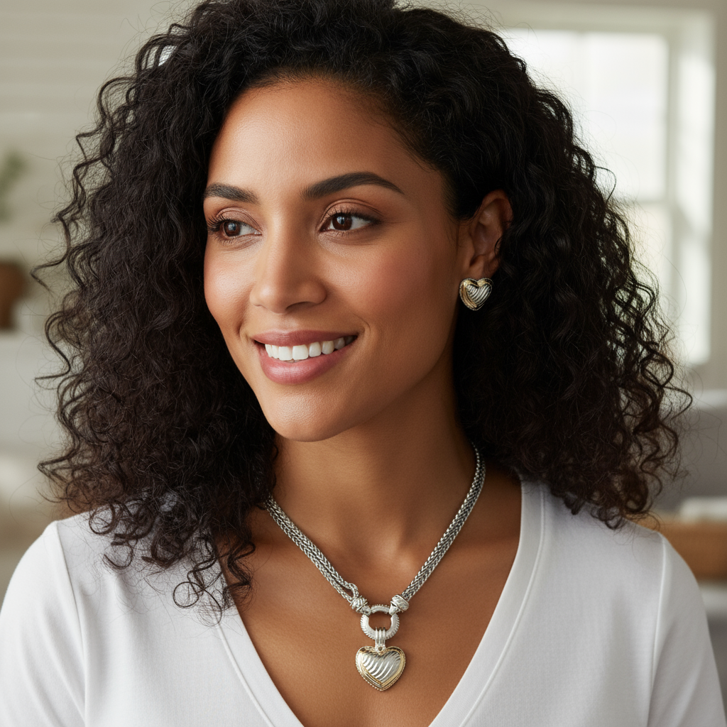 The Interlocking Two-Tone Heart Duo Woven Chain Necklace & Earring Set